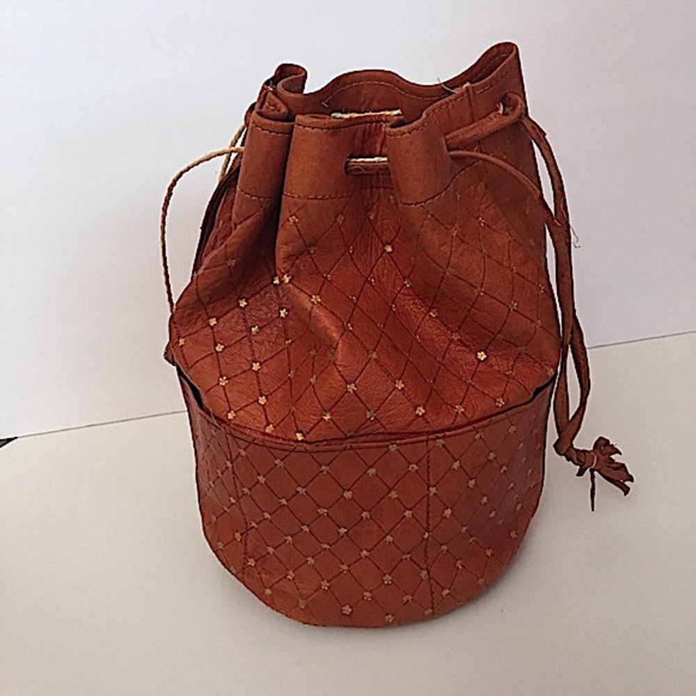 VTG 40 50 Retro Harlequin Pattern Leather Bucket Bag Orange Gold.Damaged pull